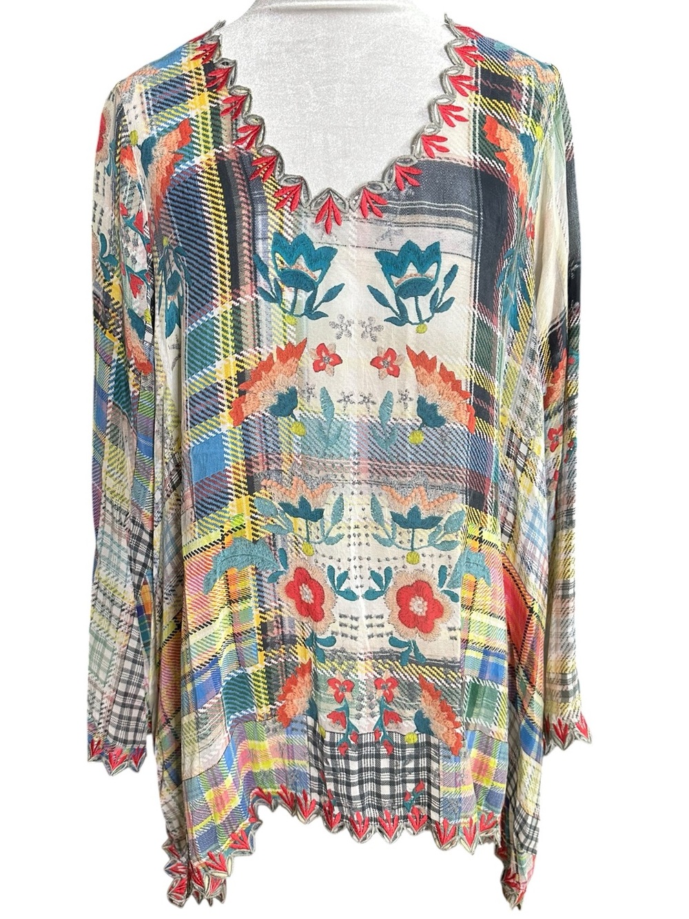 Johnny Was  Cupra Rayon Floral Plaid Bell Sleeves Tunic Top Size Small